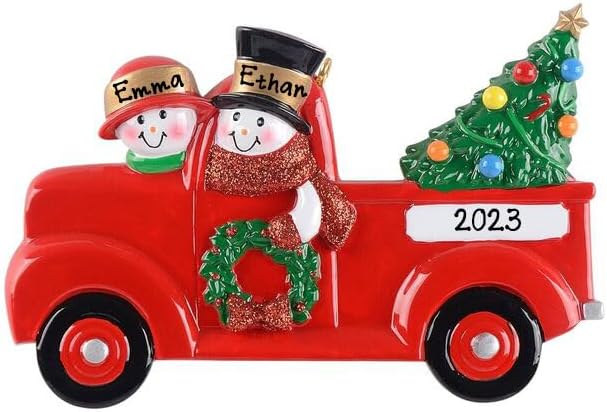 Miniatura 8 de Adorno de Navidad personalizado de muñeco de nieve para pareja en camioneta roja 2023  Camión rojo vintage con adorno colgante de árbol de Navidad,