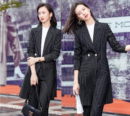 Women's Two Pieces Office Lady Stripe Business Suit Set Slim Fit Double Breasted Long Jacket Pants3
