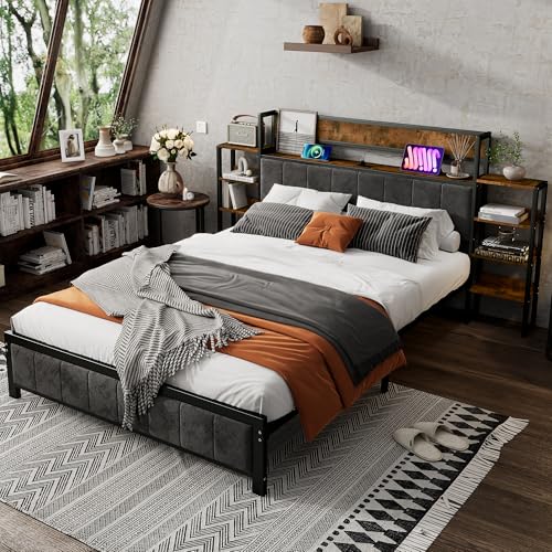 Metallbett Doppelbett 140x200, Bettgestell mit USB-Ladefunktion&Stauraum-Kopfteil, Funktionsbett Jugendbett Bettrahmen Gästebett Familienbett Flachbett, Metall+Velvet, Ohne Matratze, Schwarz+Walnuss – Bild 6