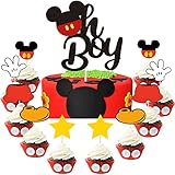 26pcs Mickey Oh Boy Cake Topper Glitter It's a Boy Cupcake Toppers It's a Prince Cake Decor for Mickey Baby Boys Gender Reveal Baby Shower Party Cake Supplies Decorations