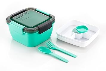 Square Lunch Box | Double Compartment Box with Fork and Spoon | Plastic Container | Airtight Leakproof Storage Box | Perfect for Travelling School Office (Multicolor, 1100 Ml)