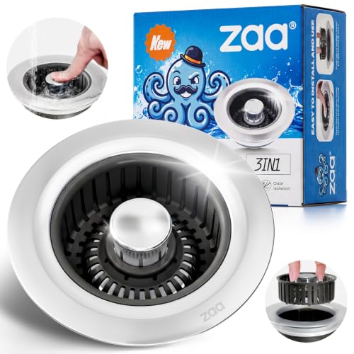 Image of zaa Sink Drain Strainer - 3 in 1 Kitchen Sink Stopper, Stainless Steel Kitchen Drain Plug & Cover with Anti-Clogging Basket Strainer, Fit US Standard 3-1 /2'' Sink Drain Hole, Brushed Black