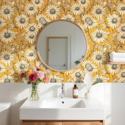 Papier peint floral jaune moutarde adhésif mural vinyle lavable pour décoration chambre