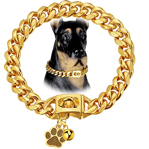 Image of Dog Chain Collars Cuban Link Dog Collar 12mm with Secure Snap, Bell & Dog Tag Stainless Steel Metal 18K Gold Chain Dog Collar for Puppy Small Medium Large Dogs (26 inch)