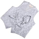 Mens Designer Silver Paisleys Tuxedo Vest Set Match Tuxedo Vests ,cufflinks, hanky and Ascot Tie for Suit Y&G VS2006-L Large Silver