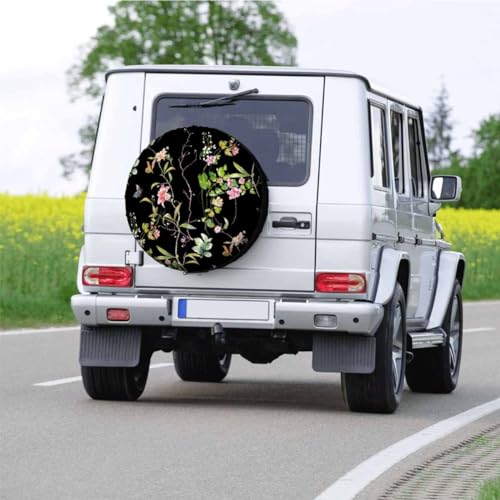 Image of Leaves Flowers Spare Tire Cover Watercolor Black Background Wheel Covers for RV Tires Camper Tire Case Protectors for Trailer Rv SUV Truck Travel Trailer 15 in