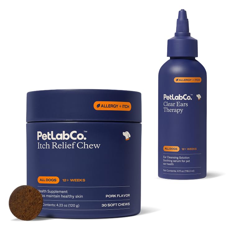 PetLab Co. Ear & Coat Support Bundle: Support Ear Health & Hygiene with Our Dog Ear Cleaner 4 Ounces & Itch Relief Chews Designed to Support Optimum Skin Condition & Maintain Skin Health 30 Count