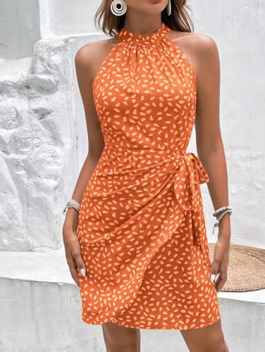 Image of LIGHT DOT Women's Summer Dress Dot Print Halter Neck Tie Waist Casual Zipper Back Sundress Vacation Outfits