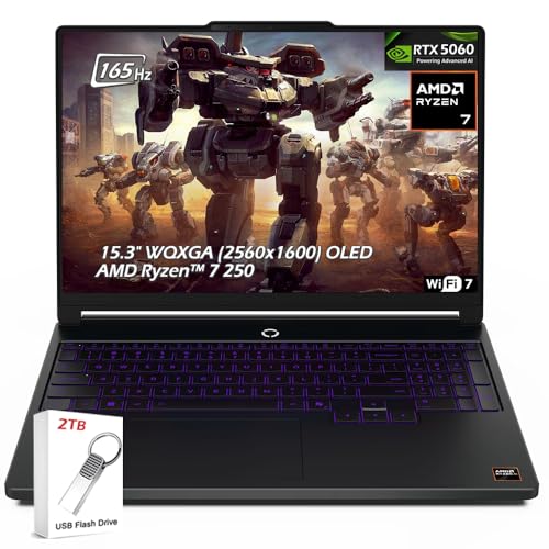 Image of Lenovo Legion 5a Gaming Laptop, 15.3 inch OLED WQXGA(2560x1600) 165Hz, AMD Ryzen 7 250, NVIDIA GeForce RTX 5060, 32GB DDR5 RAM 2TB SSD, Backlit KB, Wi-Fi7, Win11, Eclipse Black, w /2TB USB Drive, W /GaLiMu