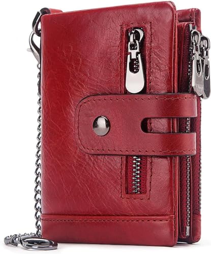 Leather Mens Wallet With Chain Genuine Leather Purse RFID Blocking Bifold Double Zipper Coin Pocket With Anti-Theft Chain Multifunctional Card Holder Minimalist Purse Zipper Coin Pocket With ID Window