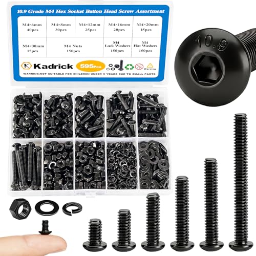 KADRICK 595Pcs M4 Screw Kit,Hex Socket Button Head M4 Bolts Length 6MM-30MM