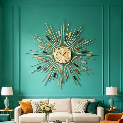 Starburst Round Wall Clock 24 Silent Battery Operated, Mid Century Modern Metal Decorative Wall Clock Decor for Living Room Bedroom Office