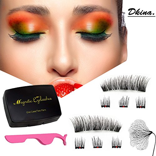 Dkina Magnetische Wimpern,3D Künstliche Wimpern Magnet Wimpern Set Wiederverwendbare magneten Wimpern mit 3 magneten natürliches Aussehen +Edelstahl Pinzette (1 Paar 8 Stück) Cover