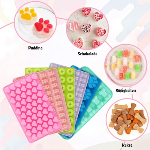 ZYNERY 6 Stück Gummibärchen Form Silikon mit Tropfpipette Backpinsel, Mini Backmatte Hundekekse Backform Herzen Donut Knochen Pfote Eiswürfelform für DIY Hundeleckerlies Bonbon zum Selber Machen