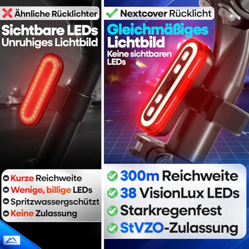 NEXTCOVER® Rücklicht Fahrrad mit [VisionLux] LEDs und Bremslicht I StVZO zugelassen I LED Fahrradrücklicht mit 8 Stunden Akku I Fahrradlicht hinten für Rennrad, E-Bike, Rücklicht blinkend