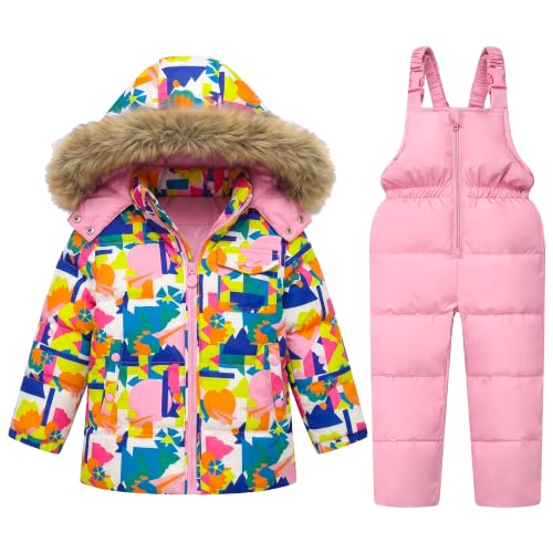 Image of JiAmy Kids 2 Piece Snowsuit Set Girl Winter Hooded Puffer Jacket & Snow Bib Pants Boy Ski Suits Ultralight Outfit