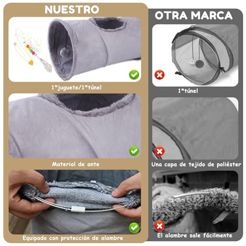 Faltbar Katzentunnel Katzenspielzeug mit Ball Spieltunnel Knisternder Rascheltunnel Aus Wildleder für Alle Katzen Kaninchen Welpen und Kleine Tiere,Mit Hängendem Lustiger Katzenstock(Grau)