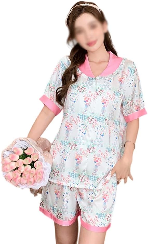 JSEIAJB Women's Short Sleeve Shorts Set Ice Silk Satin Silk Pajamas(Large)