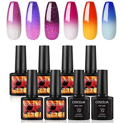 Coscelia Nail Art Gel Polish Kit Base and Top Coat 6pc Color Changing Gel Nail Polish Soak off Gel Kit Manicure Nail Salon Set