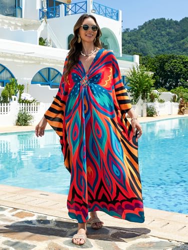 Image of IMAGEKOPE Women's Plus Size Animal Print V-Neck Batwing Kaftan Beach Dress Bathing Suit Cover-Up Loungewear