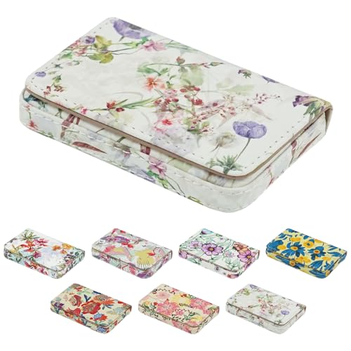Image of Business Card Holder，PU Leather Business Card Case Color Printing Pattern Card Holder Wallet，Pockets Magnetic Credit Card Holders for Men and Women - White Flowers