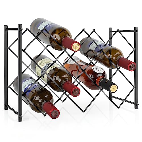 TOBUSA Metal Wine Rack Countertop, 10-Bottle Modern Black Freestanding Wine Bottle Holder, 4-Tier Tabletop Wine Rack Stand Wine Storage, Small Wine Bottle Organizer for Home Kitchen Cabinet Pantry Bar