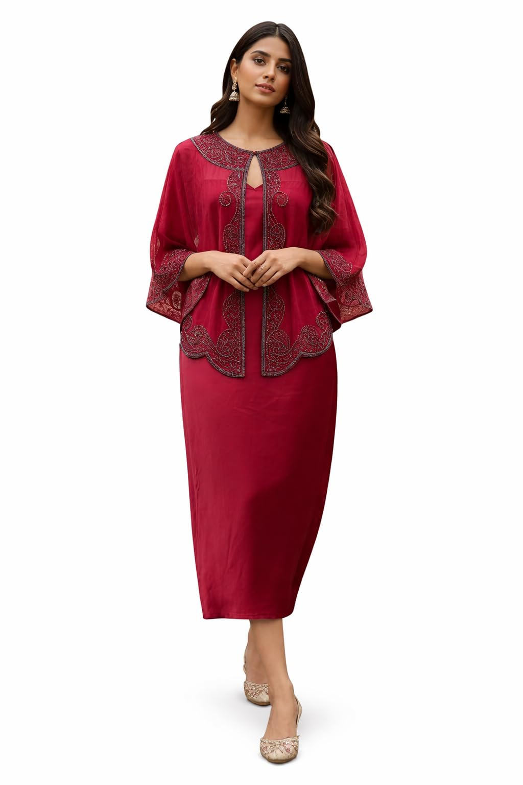 aqsa collection Stylish Sheer Cape Top with Intricate Beadwork and Elegant Long Dress for Women | Perfect for Special Occasions-picture-22