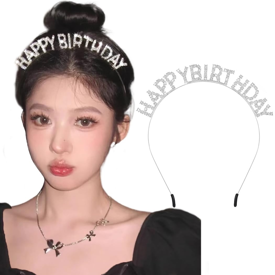 Outyua Birthday Crown Tiara Happy Birthday Princess Headband Silver White Rhinestone Accessories for Women Girls