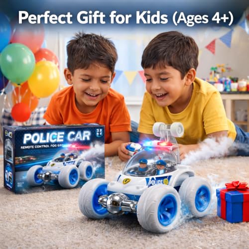 Image of SMART BOY Remote Control Police Car Toy with Mist Fog Effect, 360 Rotation 4WD Stunt RC Car, Anti Skid Rubber Tires, Rechargeable Smoke Racing Car with LED Lights for Kids Boys Girls Age 4+ 8844 PO