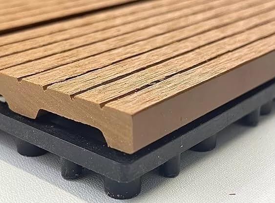 Interlocking Decking Floor Tiles - WPC Plastic Composite for Garden, Patio, Balcony, Terrace Anti-Slip, Waterproof, Click System - Light Brown, Grey, Black, Set of 11, 1m² (Light Brown)