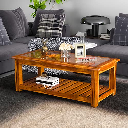Image of Sheesham Wooden Centre Table with Storage Shelf for Living Room with Glass Top - Solid Wooden Coffee Table | Teapoy Tea Table Sofa Table & Center Table with Storage (Design 5)