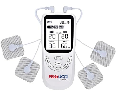 Elettrostimolatore Muscolare TENS, EMS, Massaggiatore 3-in-1, 4 Pads Inclusi, per
