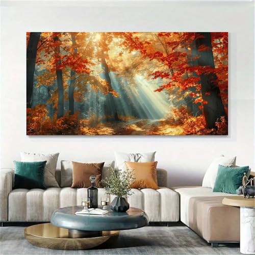 Impression sur toile forêt d'automne 65x130cm grand tableau mural avec cadre nature
