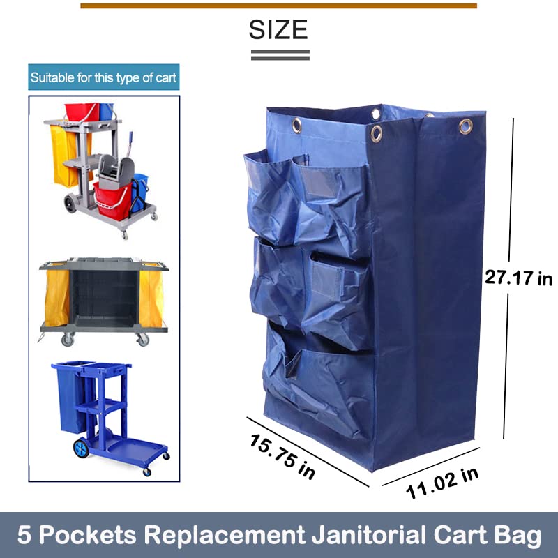 Image of Replacement Janitorial Cart Bag, High Capacity Waterproof Thickened Housekeeping Commercial Janitorial Cleaning Cart Bag with 6 Brass Grommets - 25 Gallon (Blue with 5 Pockets)