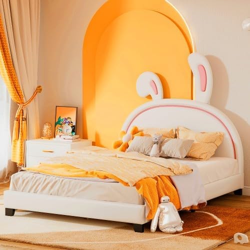 Miniatura 9 de Brabrety Bonita cama tapizada de piel sintética de tamaño matrimonial con adorno de conejo y cabecero, para uso en la habitación de niños y niñas