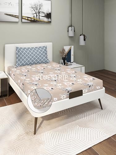 Image of Blue Strip 220TC Glace Cotton Elastic Fitted Bedsheets Single Bed with 1 Pillow Cover | Single Bed with All Around Elastic, Size 42 inch x 75 inch Inches