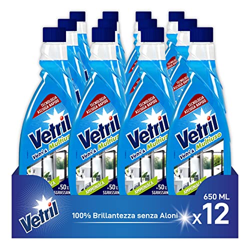 Vetril - Recarga para limpiador en aerosol de vidrio y multiusos con amoniaco, acción desengrasante y tecnología de secado rápido, en ecobotella, 650 ml x 12 unidades