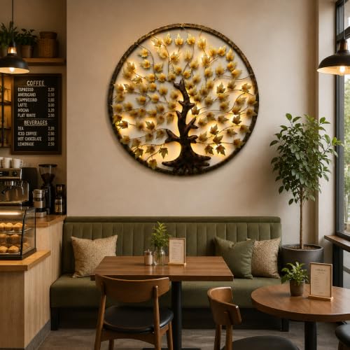 Image of Bharat Art Metal Iron Wall Art Decor for Home Bedroom Living room Cafe Interior Decorative | Elegant Wall Hanging Sculpture with LED Light | Gift Item | Mapple Tree In Ring | 40X2X40 Inch | W281