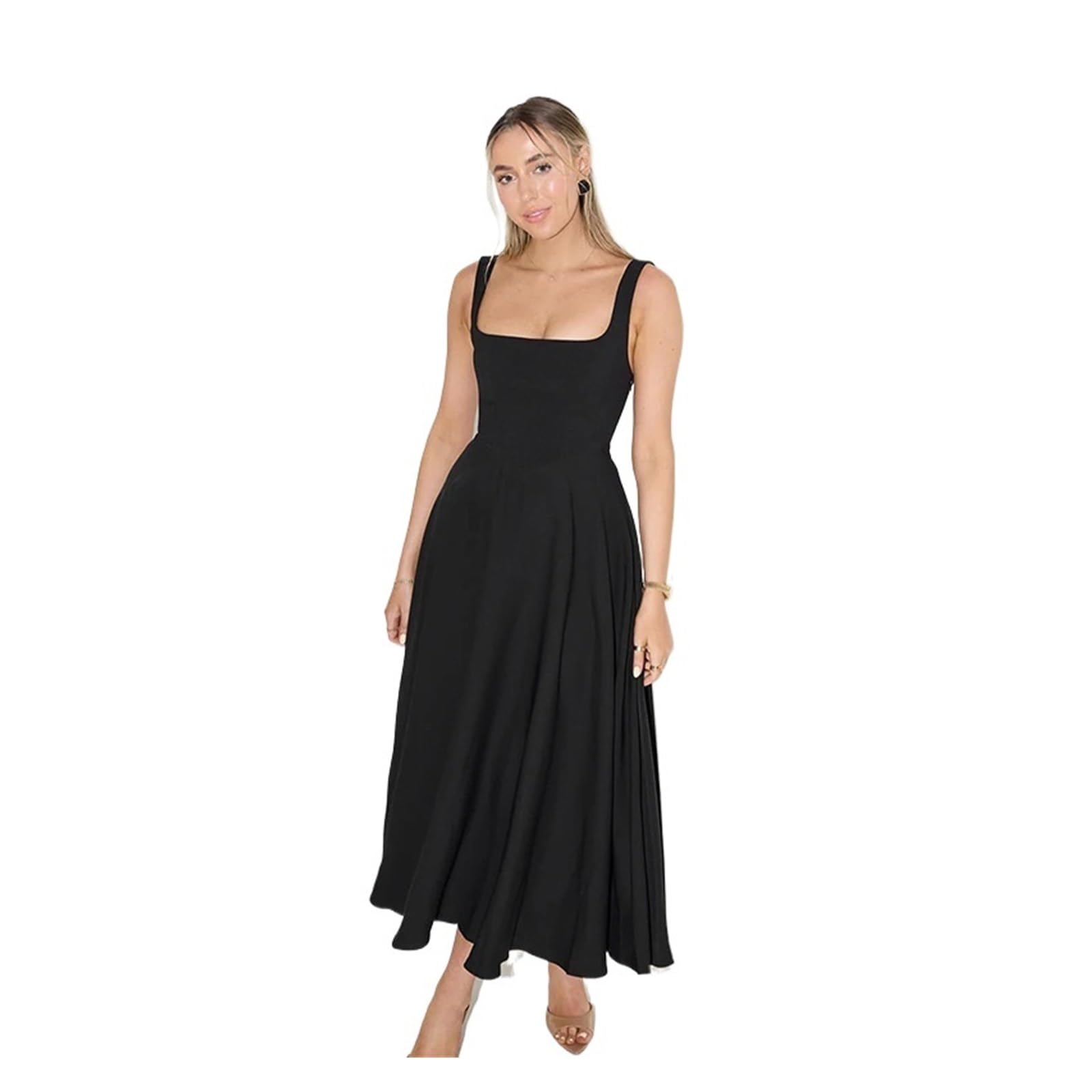 Fond De Robe Femme Robe d'été longue à bretelles, col carré, couleur unie, sans manches, tendance, for femme