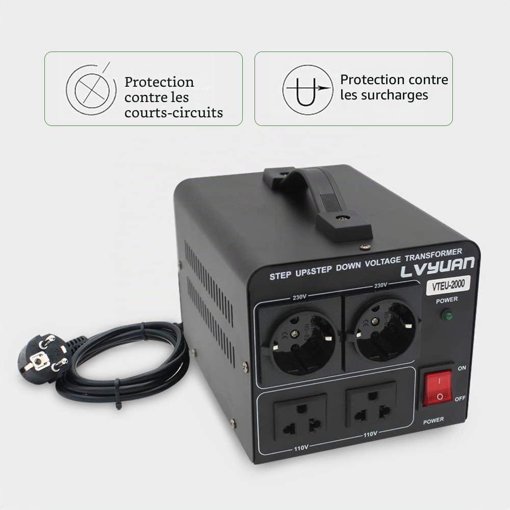 Cantonape Convertisseur de tension 2000VA 220V/110V–Transformateur élévateur/réducteur de tension de 2000W US – Sortie 110/120V 220/230V