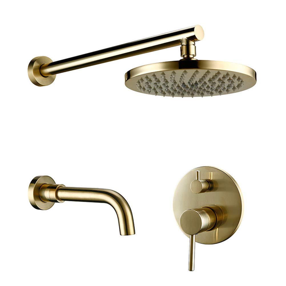 NGDFGR Luxury Shower Faucet Gold Brass Round Shower Set Bathroom Brushed Faucet Rainfall Wall-Mount Head Shower Mixer Set, 8In,8inch