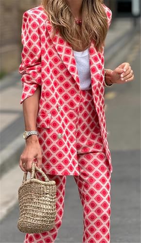 Women's Sexy 2 PCS Printed Double-Breasted Blazer Jackets Bodycon Pants Cocktail Party Outfits Tracksuit Sweatsuit Set3