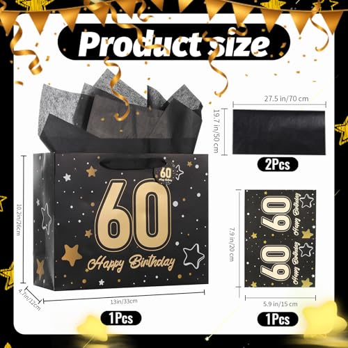 Image of Powbrace 13 inch Black 60th Birthday Gift Bag with Tissue Paper and Greeting Card for Party,Happy Birthday Gift Bag for Men Women,Gift Bags Medium size(1 Black 60th)