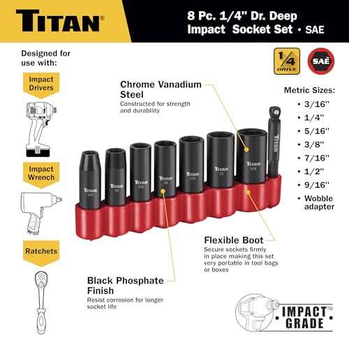 Titan 46301 8-Piece 1/4-Inch Drive SAE Deep Impact Socket Set, 6-Point, SAE Sizes 3/16 to 9/16-Inch by Titan - Used condition - Image 3