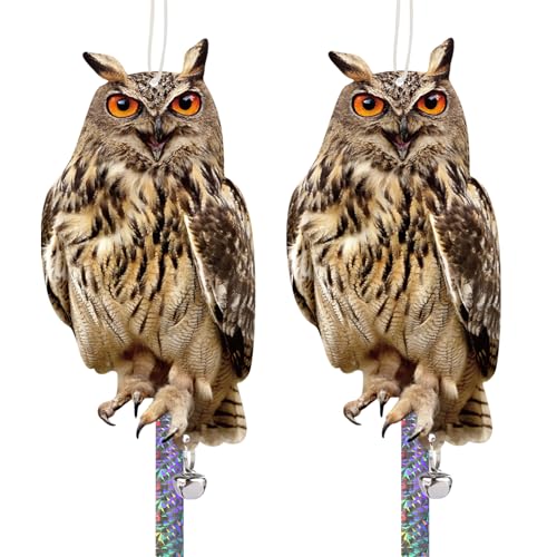 2PCS Plastic Owl Bird Scarer Fake Owls with Reflective Tape Pigeon Deterrent Owls to Keep Birds Away Bird Scarers for Gardens Hanging Flat Owl Decoy to Scare Birds Away from Patio Porch Tree Roofs