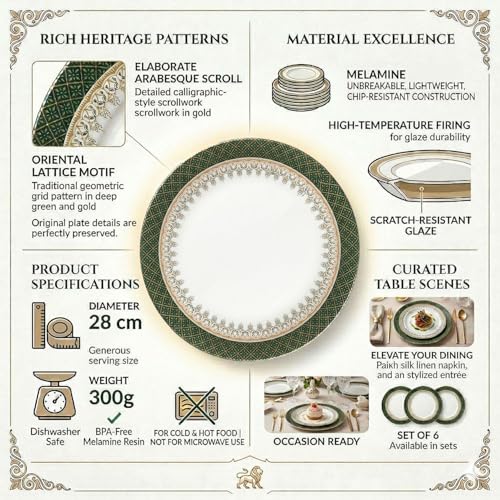 Image of Melamine Quarter Plates Round Half Plate Microwave Safe Break Resistant Plates for Snacks, Lunch, Dinner for Home, Office, Restaurant Set of 6 7 Inch Green Diamond