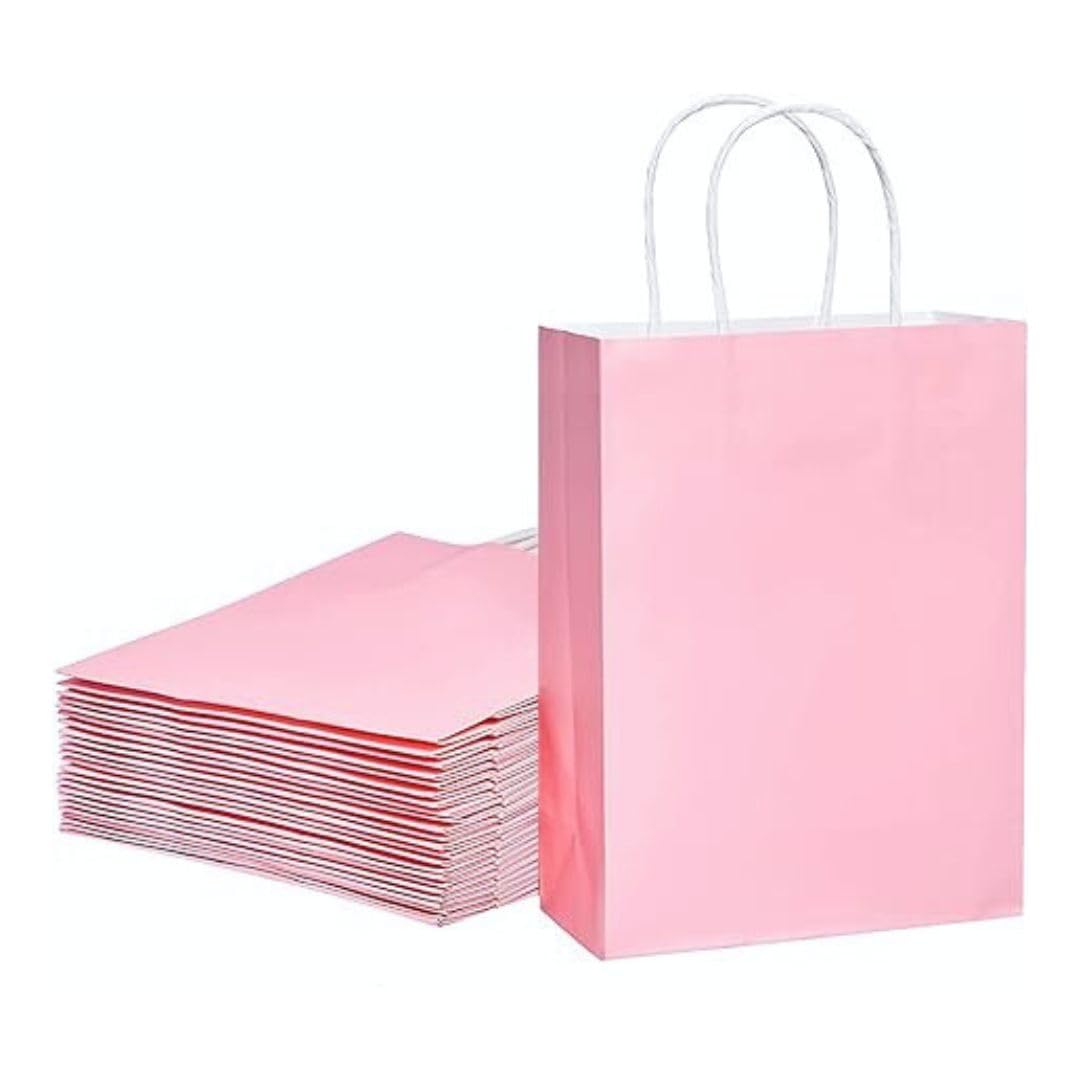 Varaq Premium Quality Pink Paper Bags- 10 Pack | Bags Gift Bags, Shoppings Bags, Boutique, Retail, Birthday Party, Goodie and Favour Bags. [21 x 11 x 27cm] - Medium