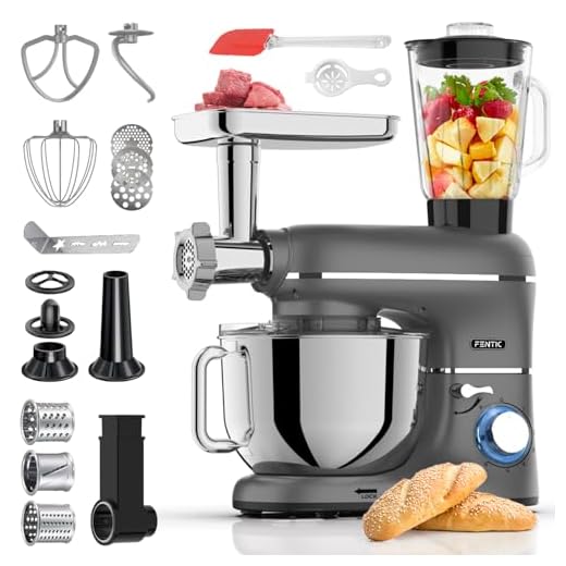 Fentic 6 en 1 Robot Pâtissier – 2000W - Av. Hachoir à Viande, Mixeur 1,5L, Cutter, Accessoires – Robot Cuisine Multifonctions Av. 6,2L Bol Mélangeur, Fouet, Crochet Pétrisseur, Batteur (Anthracite)