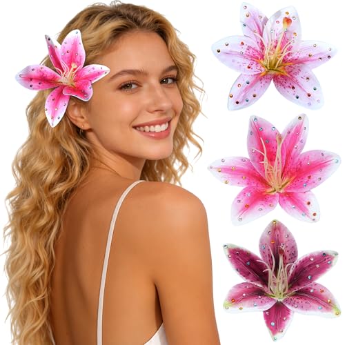 Mesovor 3 Pack Hawaiian Flower Hair Clips Artificial Tropical Flower Orchid Hair Pin | Rhinestone Hairpins Hair Accessories for Wedding Bridal Beach Party (Pink Lily)