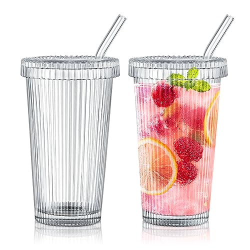 Joeyan 375ml Ribbed Glass Cups with Lids and Glass Straws, Set of 2 Glass Tumblers Iced Coffee Glasses